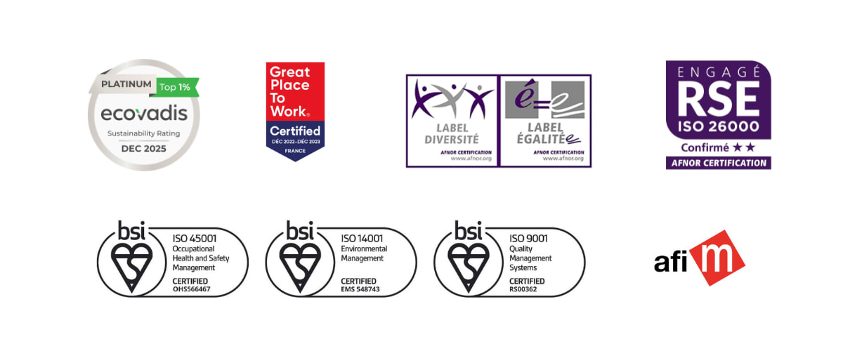 logos ecovadis, great place to work, rse engagée, iso 9001, 14001,45001, afim