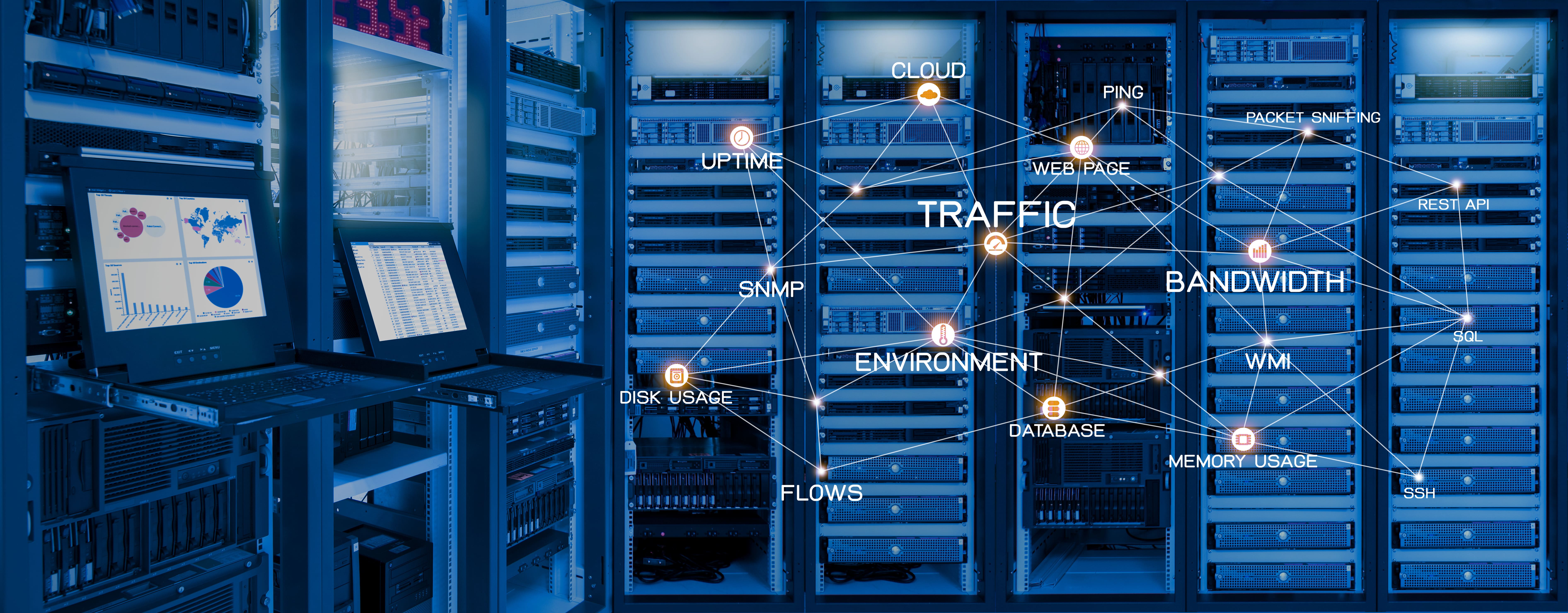 A modern edge computing data center with interconnected server racks and monitoring screens displaying real-time network traffic, bandwidth, cloud services, and system performance analytics