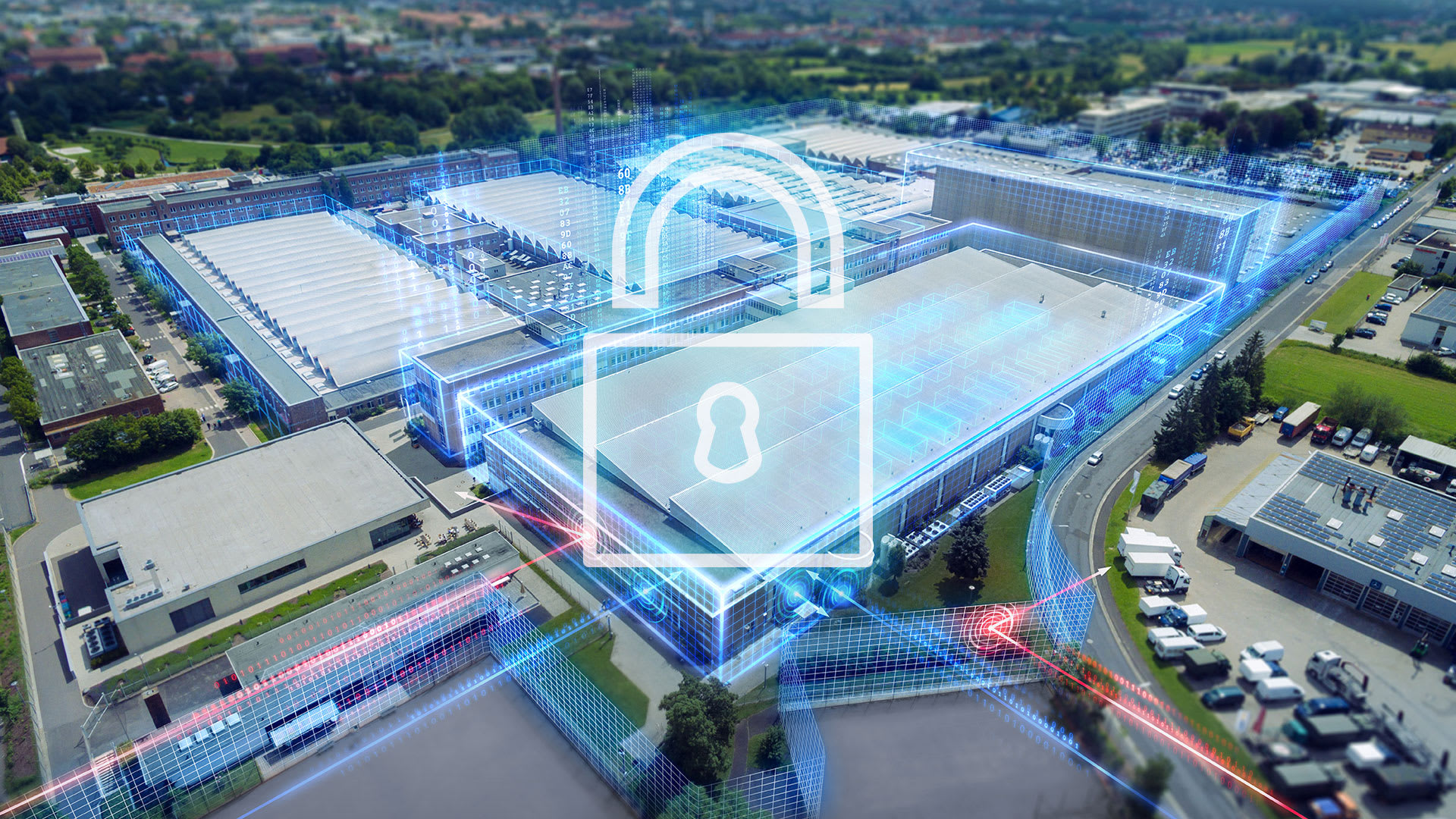 Aerial view of an industrial facility protected by digital security layers and firewall technology, illustrating cybersecurity and secured industrial networks.