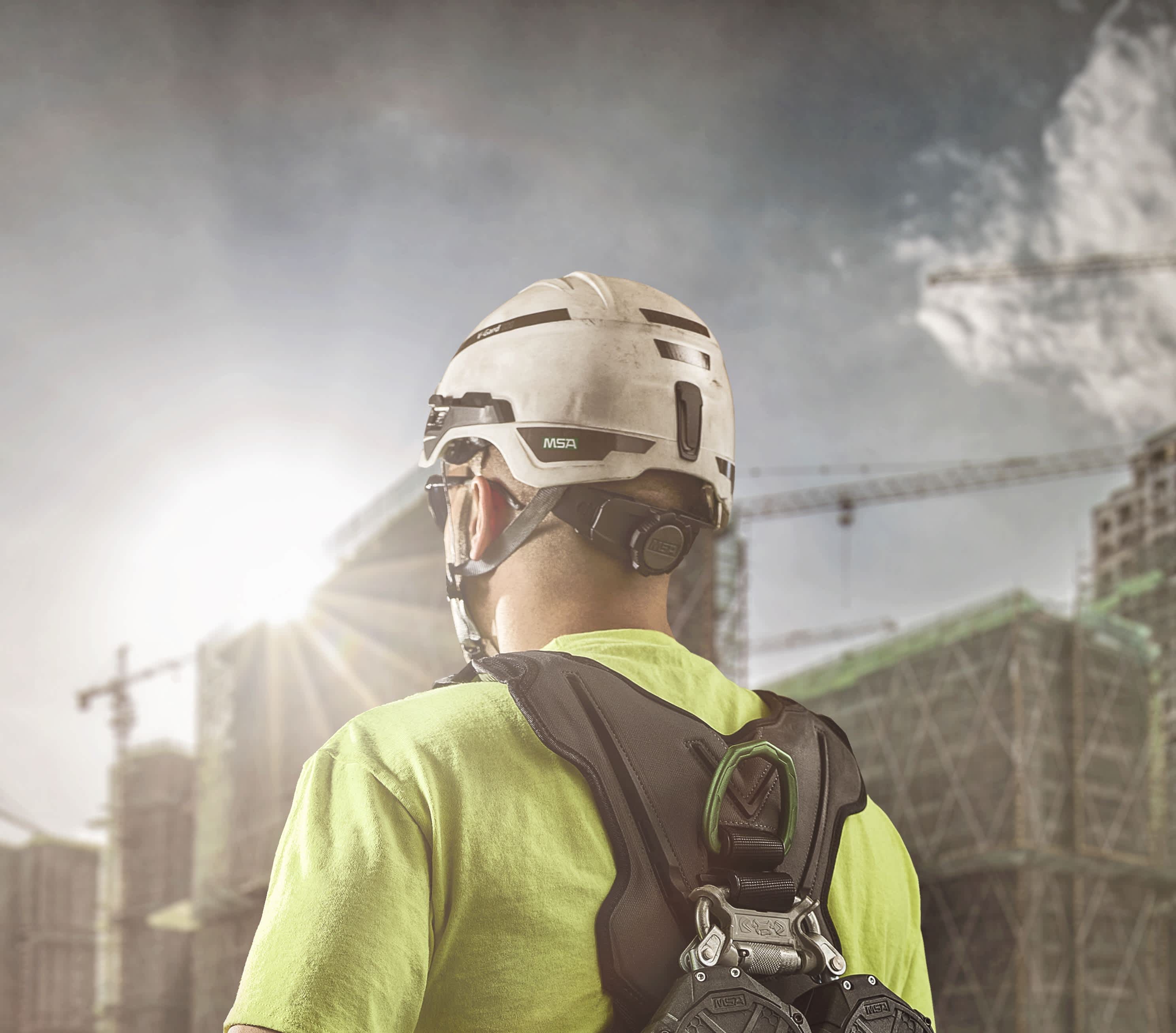 Man wearing MSA helmet on construction site