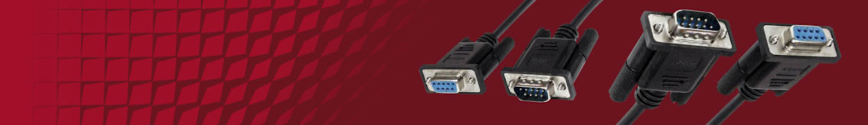 A red banner with rs232 cables displaying