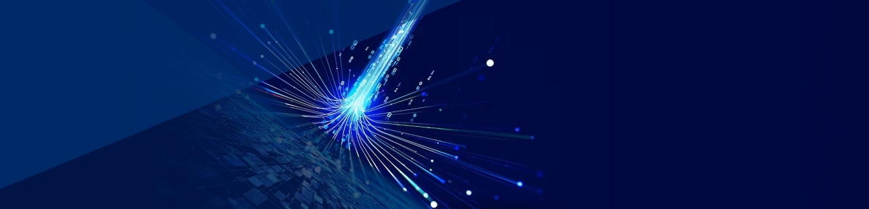 Blue banner portraying concept of future technology, connectivity, futuristic data stream 3d illustration