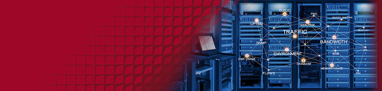 A modern edge computing data center with interconnected server racks and monitoring screens displaying real-time network traffic, bandwidth, cloud services, and system performance analytics