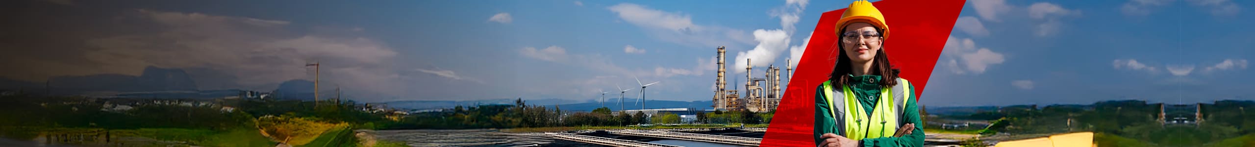 Mujer con equipación EPI con fondo de industria energética