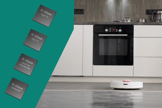 Picture of a robot vacuum cleaner in a modern kitchen, overlaid with PSoC MCUs from Infineon