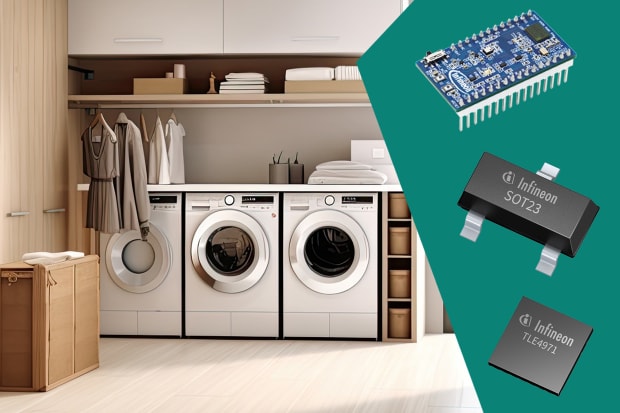 Picture of a home laundry room, overlaid with images of Infineon XENSIV sensors