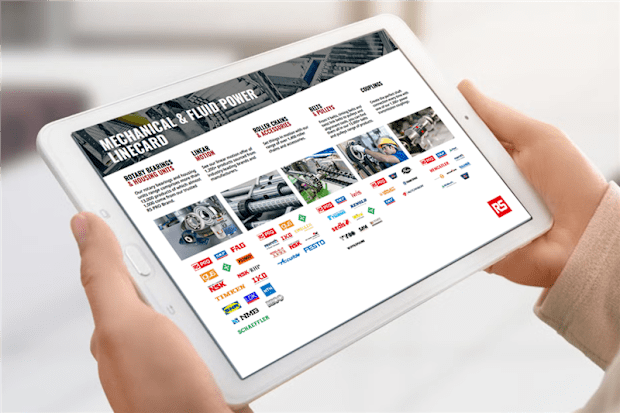 Hands holding a tablet with a picture of the product line card on it