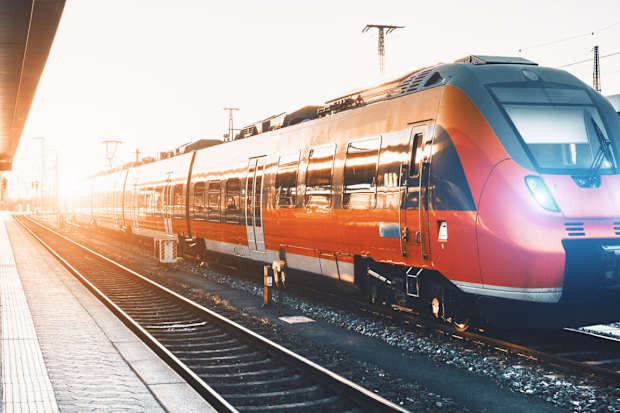 Red train in a station