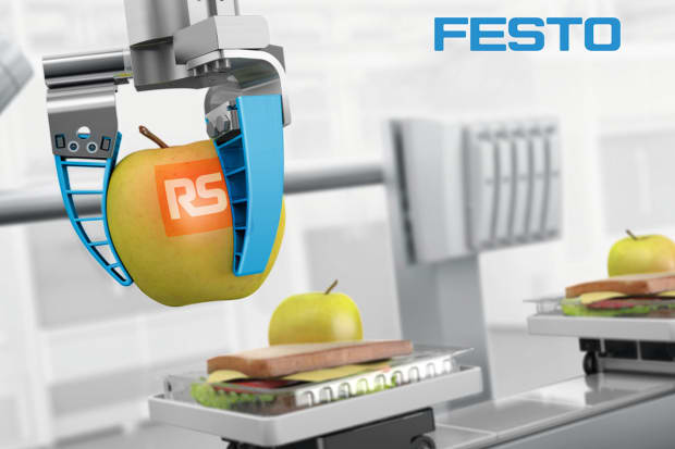 robot arm holding an apple and RS logo