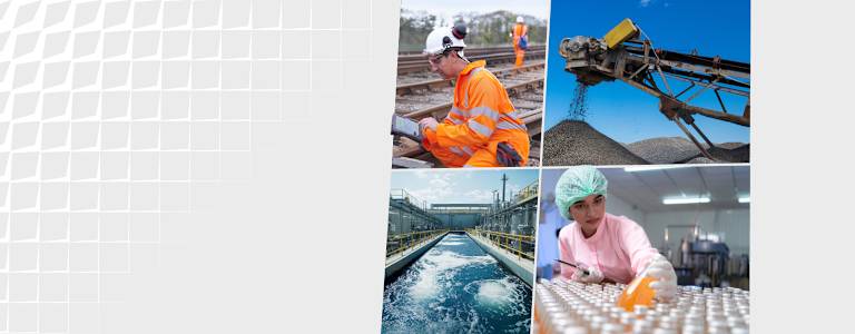 A collage of different industries including food and beverage, water, waste and rail