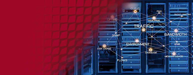 A modern edge computing data center with interconnected server racks and monitoring screens displaying real-time network traffic, bandwidth, cloud services, and system performance analytics