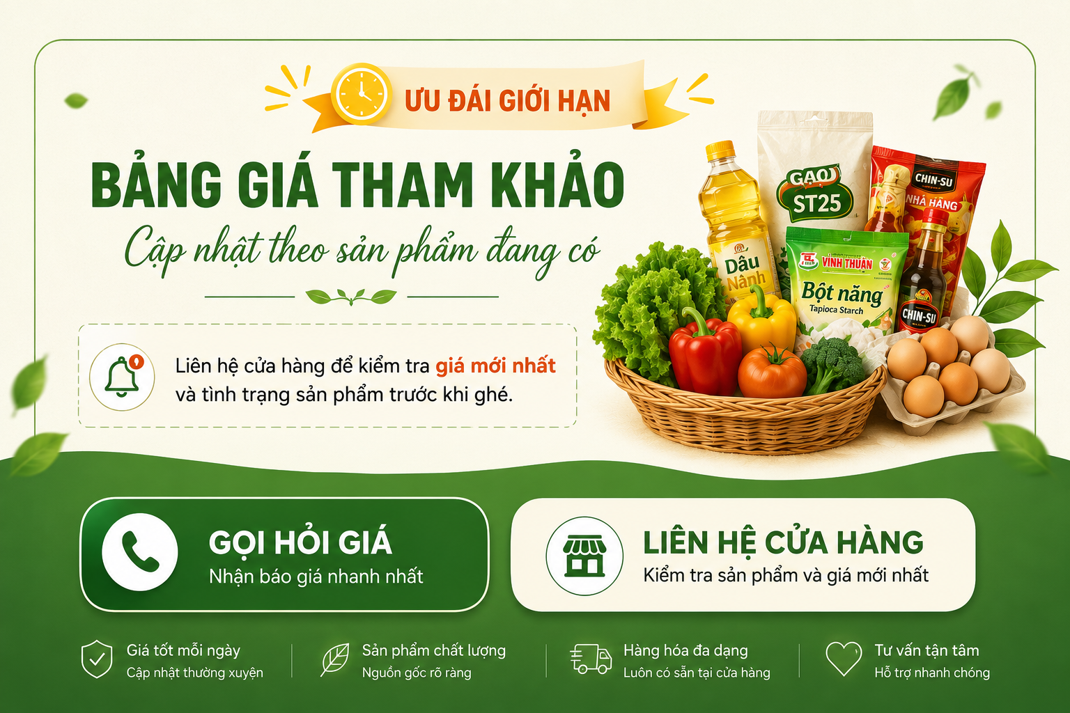 Bảng giá tham khảo gồm rau củ trái cây và thực phẩm khô