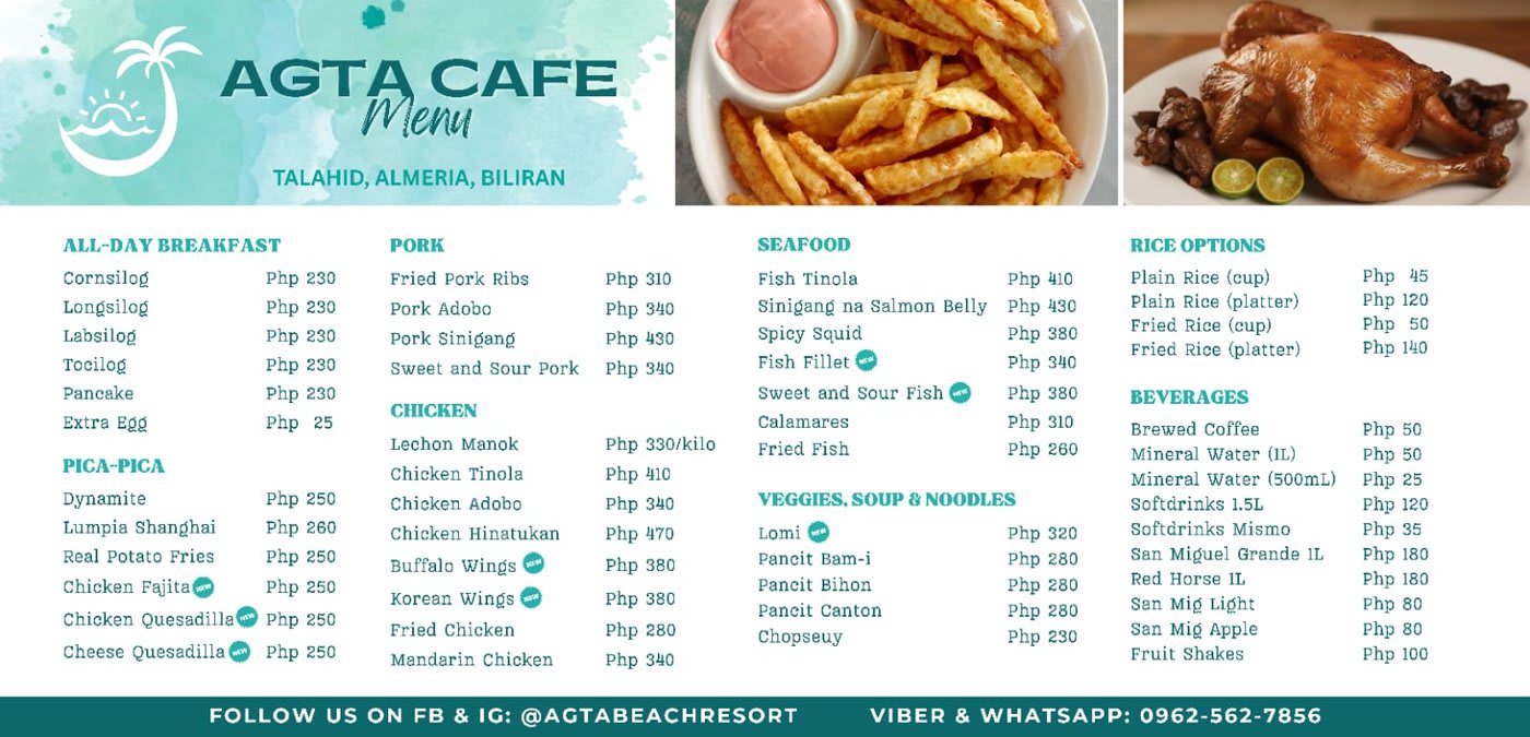 Full menu at Agta Beach Resort