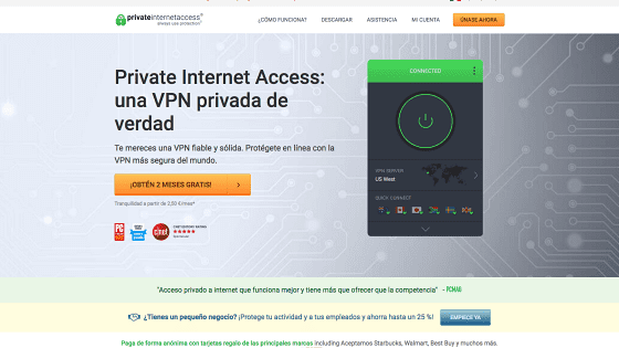 Página principal de Private Internet Access