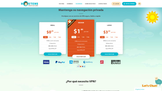 Página principal de Hostens VPN