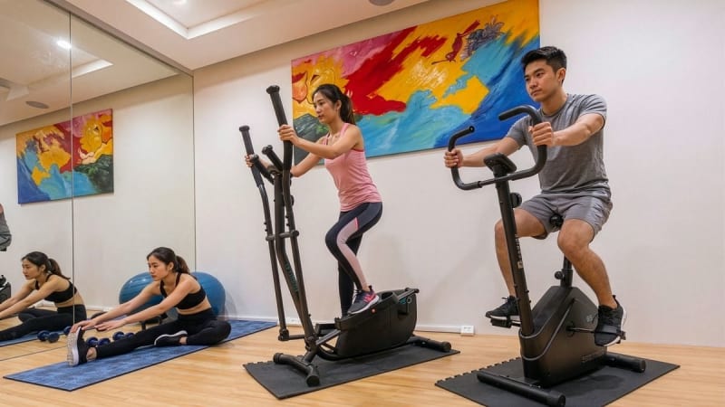 On-site fitness area with exercise equipment and vibrant decor in Raffles Place coworking space.