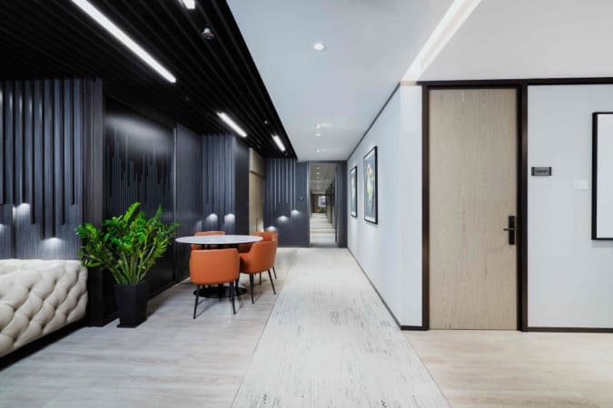 Stylish coworking space with modern seating and natural light on Harbour Road, Hong Kong.
