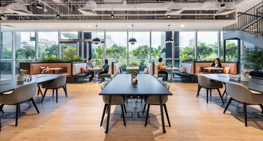 Bright, spacious coworking area with lush views, modern decor, and ample seating for collaboration.