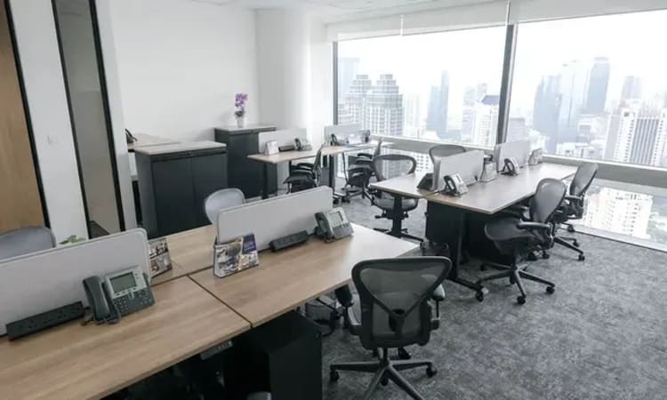 Bright coworking space with city views, ergonomic chairs, and collaborative desks.