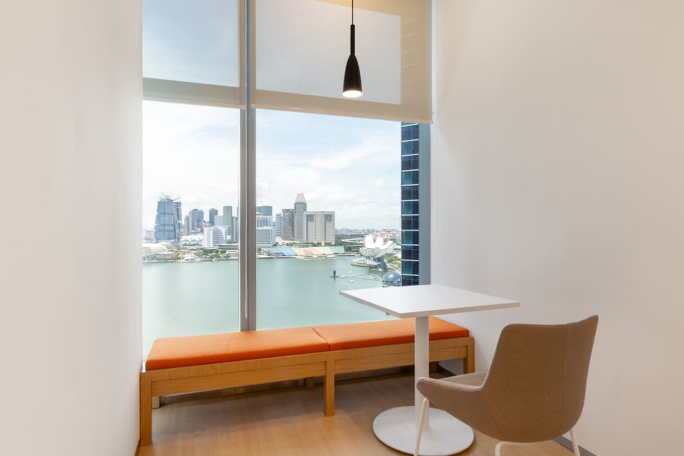 Bright workspace with stunning Marina views, modern seating, and ample natural light.