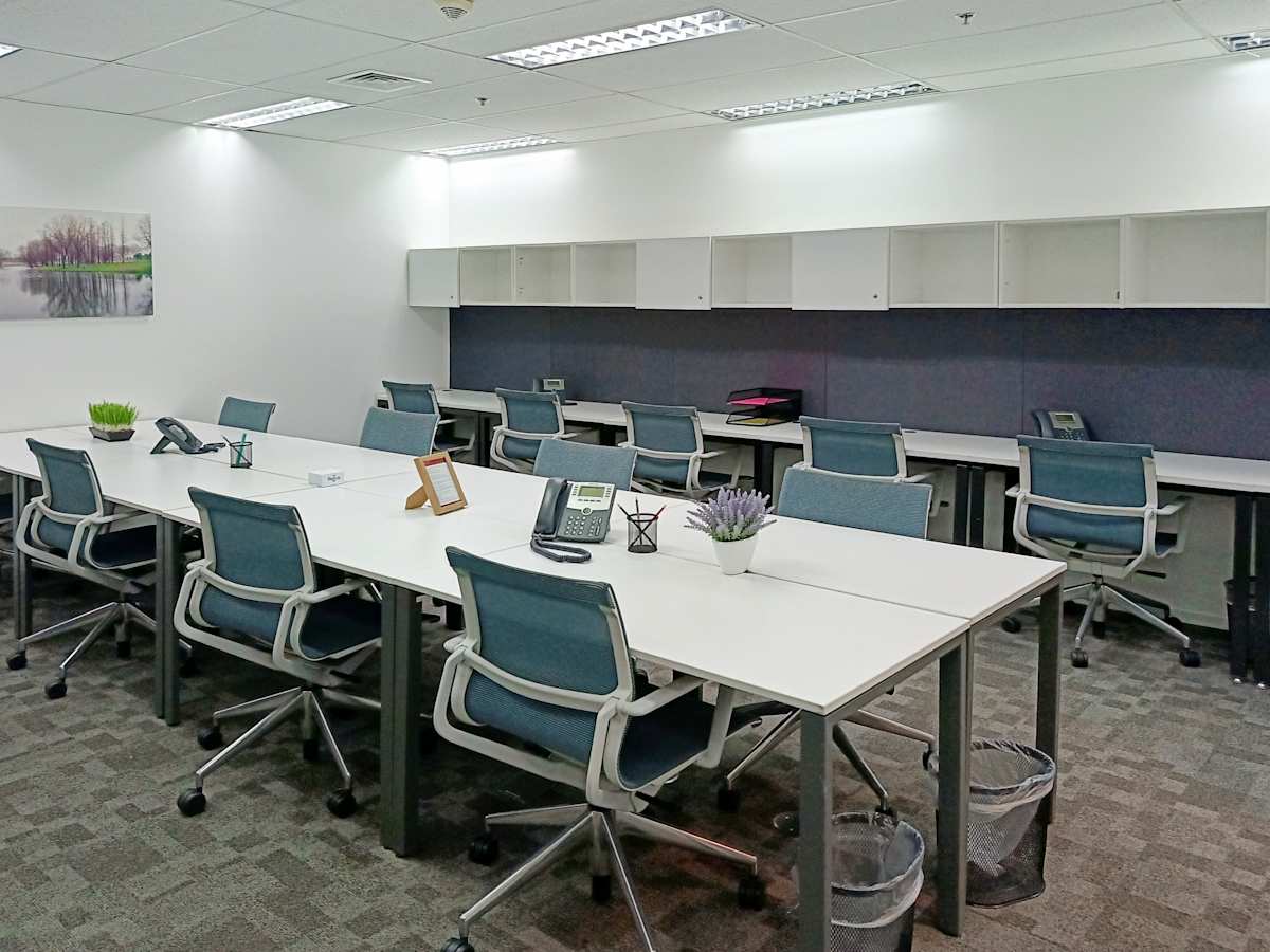 Modern coworking space with ergonomic chairs and ample desk space, ideal for collaboration.