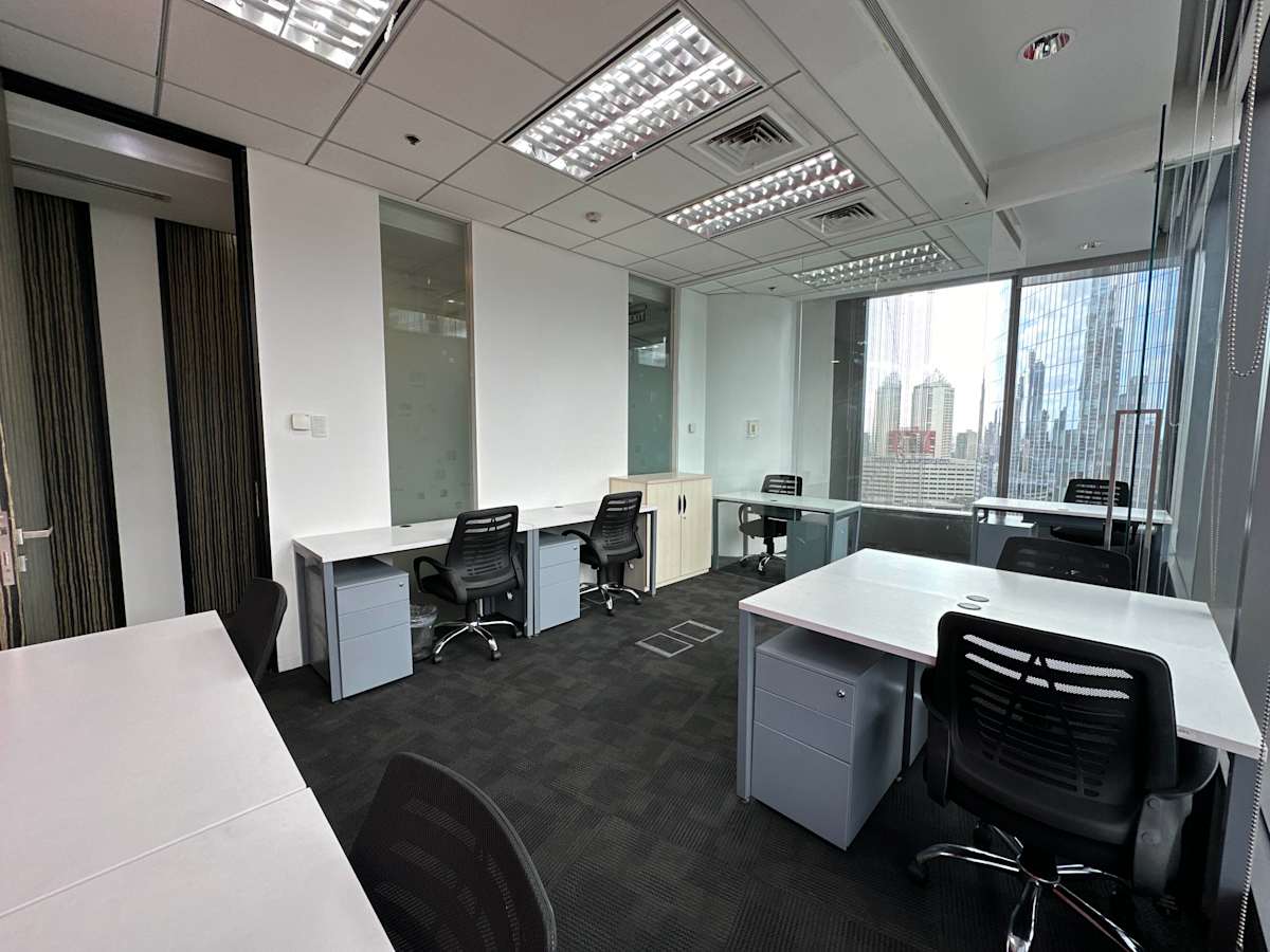 Modern office space with sleek furnishings and city views, ideal for collaboration and focus.