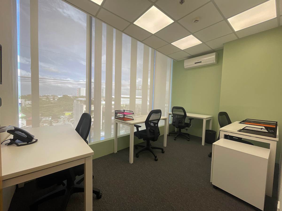 Bright office space with natural light, modern desks, and ergonomic chairs for productivity.