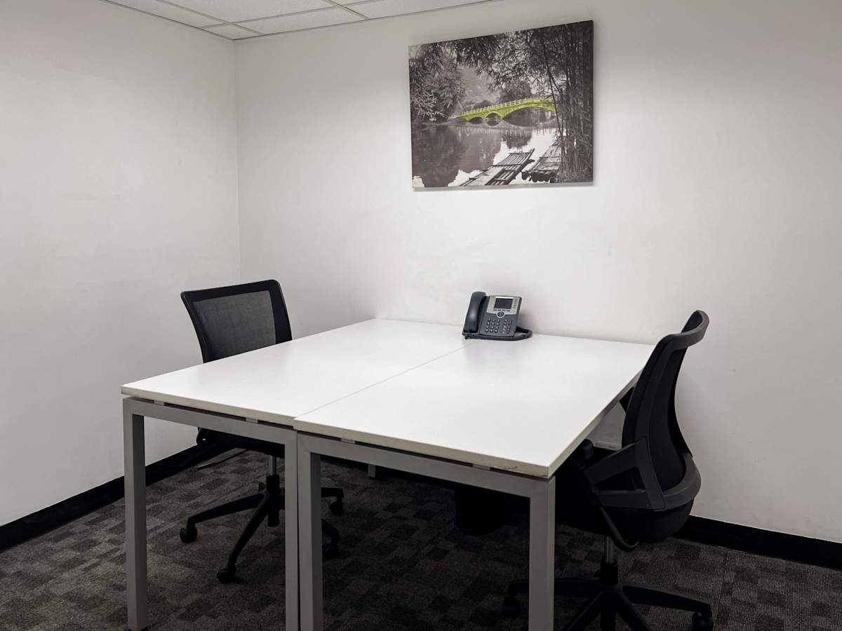 Compact office with two modern desks, ergonomic chairs, and a calming wall art piece.