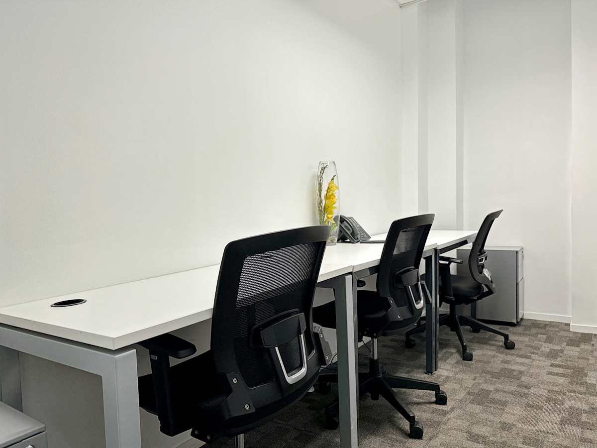 Modern office space with ergonomic chairs and sleek desks, perfect for focused work.