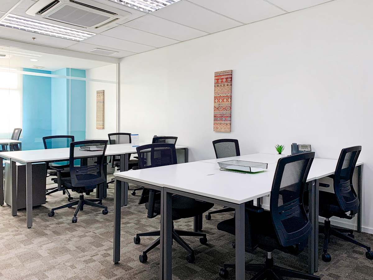 Modern coworking space with ample natural light, ergonomic chairs, and vibrant decor.