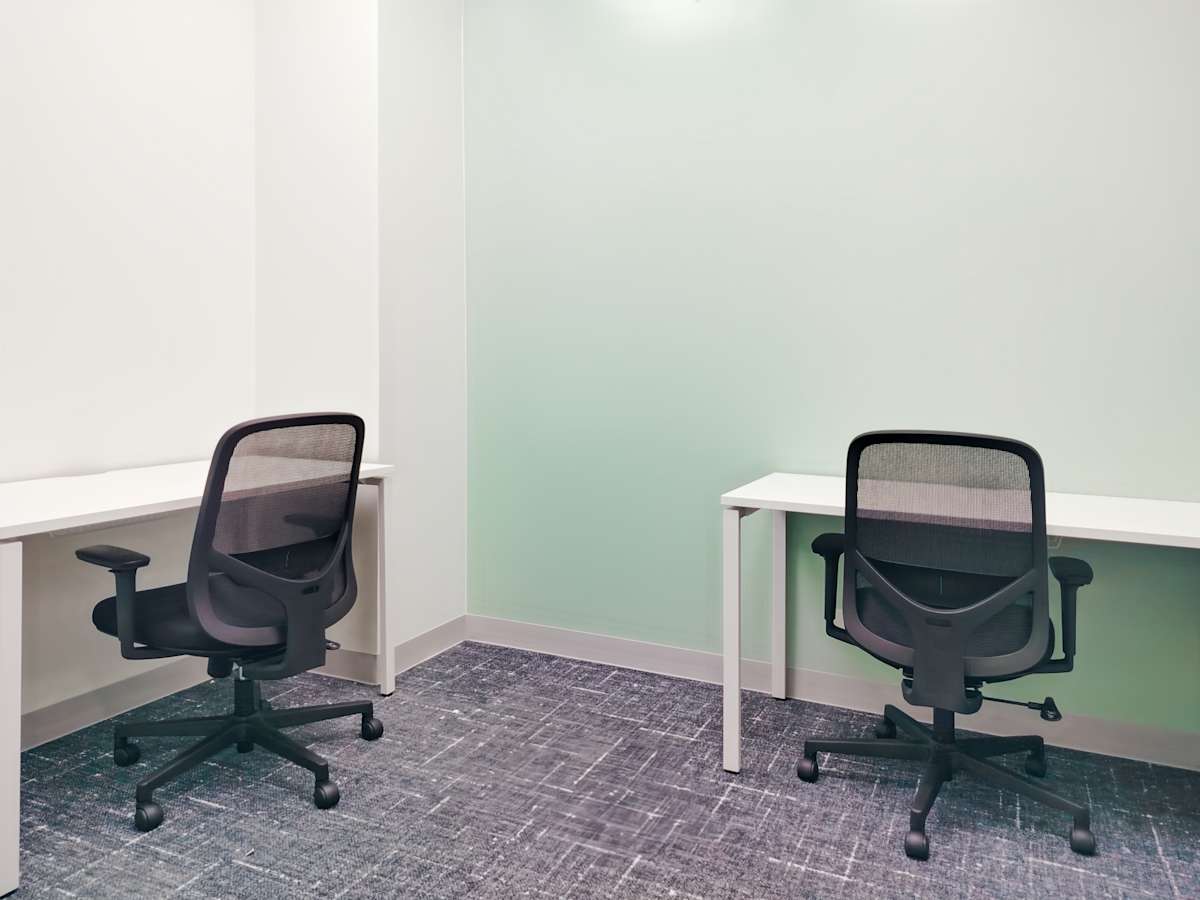 Compact office with two workstations, ergonomic chairs, and a modern, minimalist design.