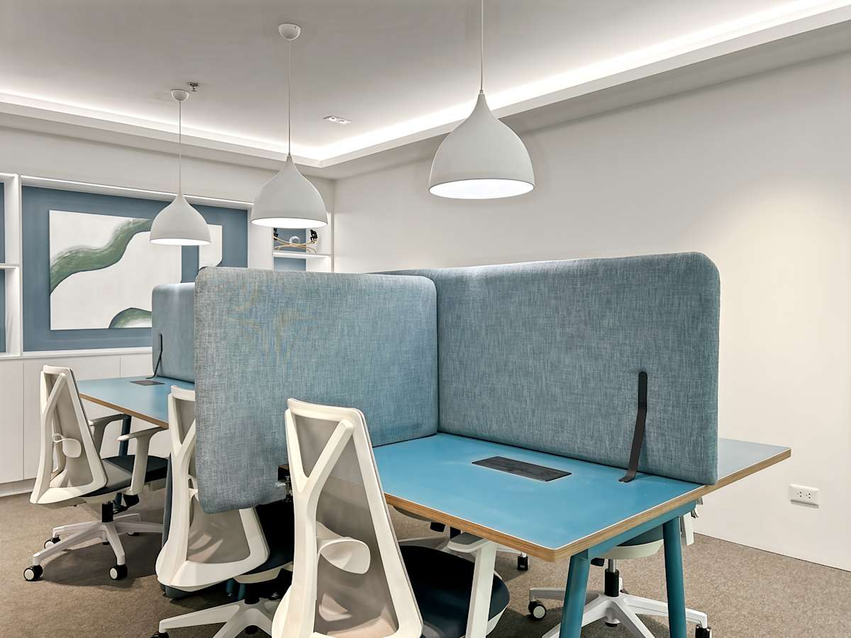 Modern workspace with privacy partitions, ergonomic chairs, and ample lighting. Ideal for focus and collaboration.