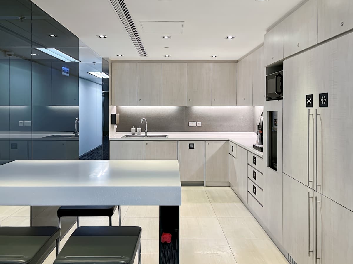 Modern kitchenette in Hysan Avenue coworking space, ideal for breaks and networking.