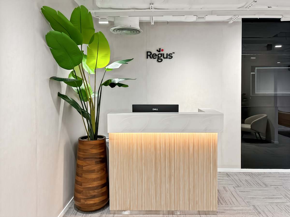 Modern reception area with sleek design and welcoming ambiance in a Canton Road coworking space.