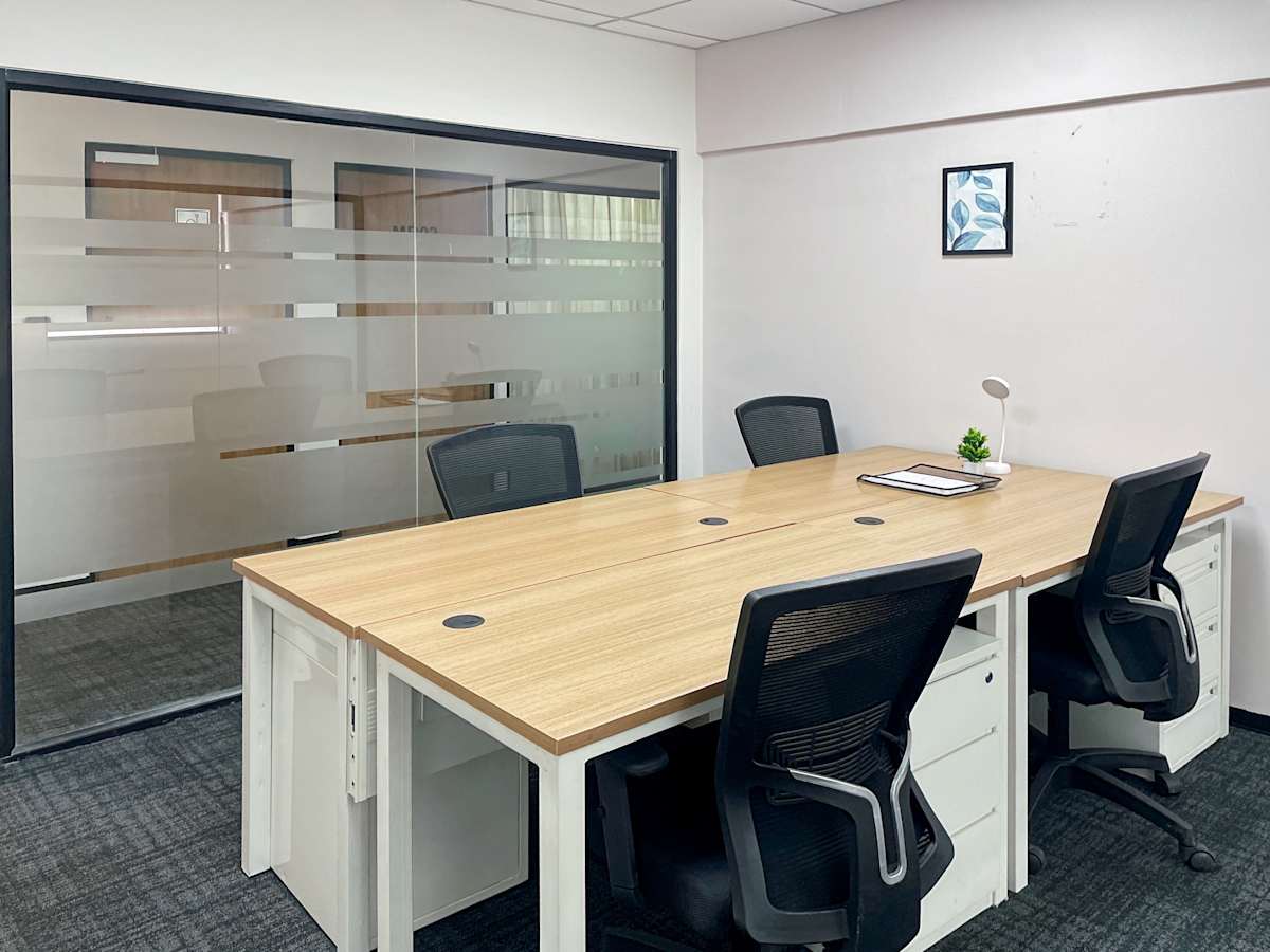 Modern coworking space with sleek desks, ergonomic chairs, and frosted glass partition for privacy.
