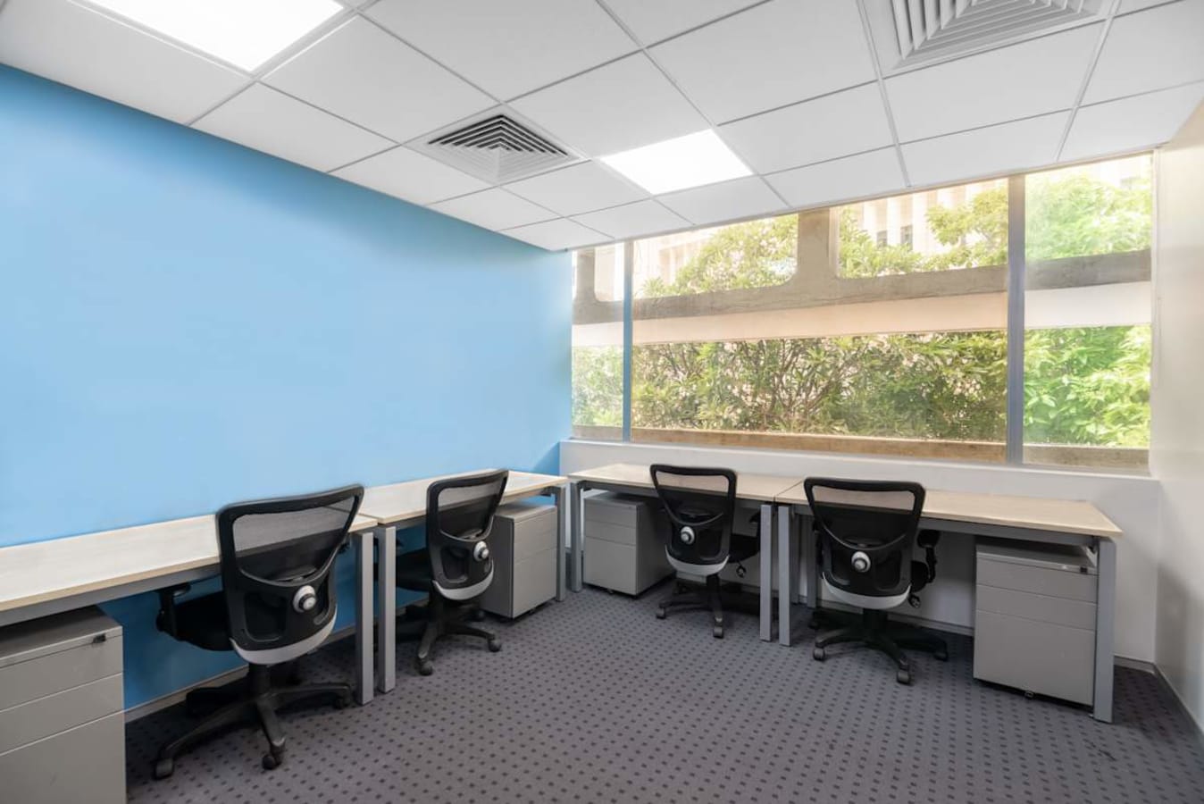 Bright coworking space with ergonomic chairs, spacious desks, and natural light. Ideal for productivity.