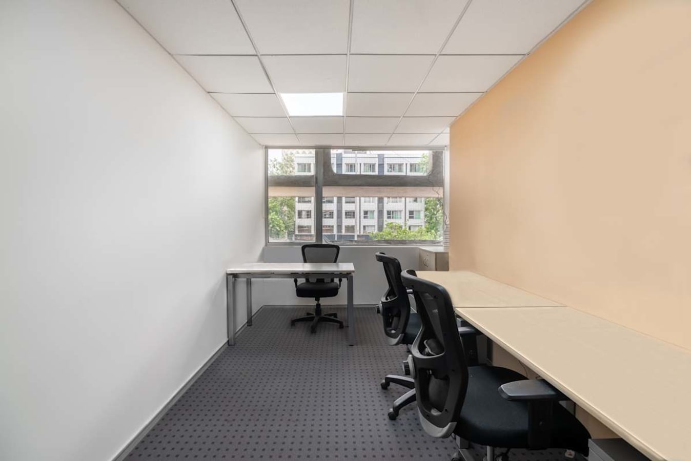 Bright, modern coworking office with ergonomic chairs and large window views.