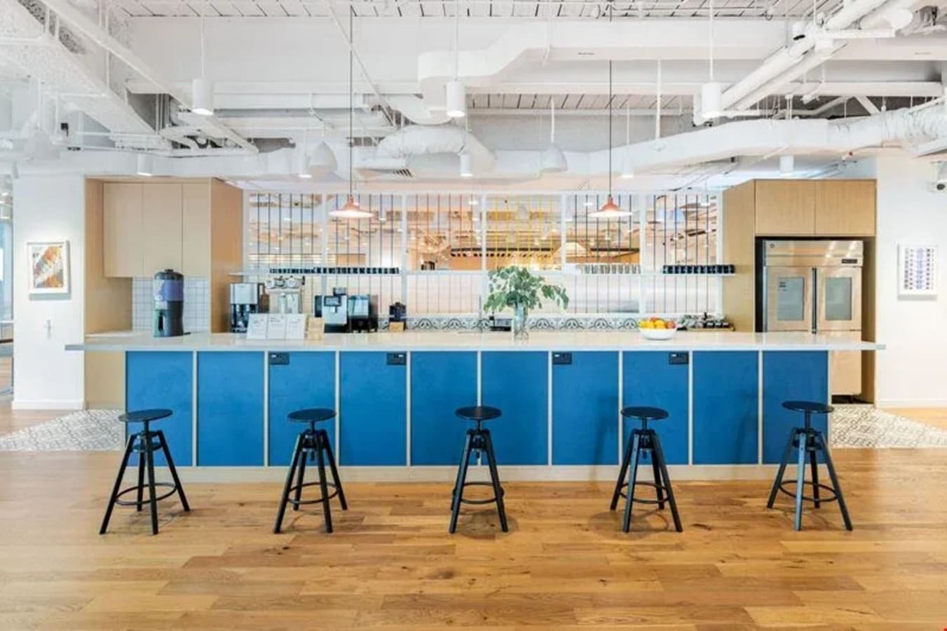 Modern coworking kitchen with sleek blue bar, black stools, and natural wood flooring.