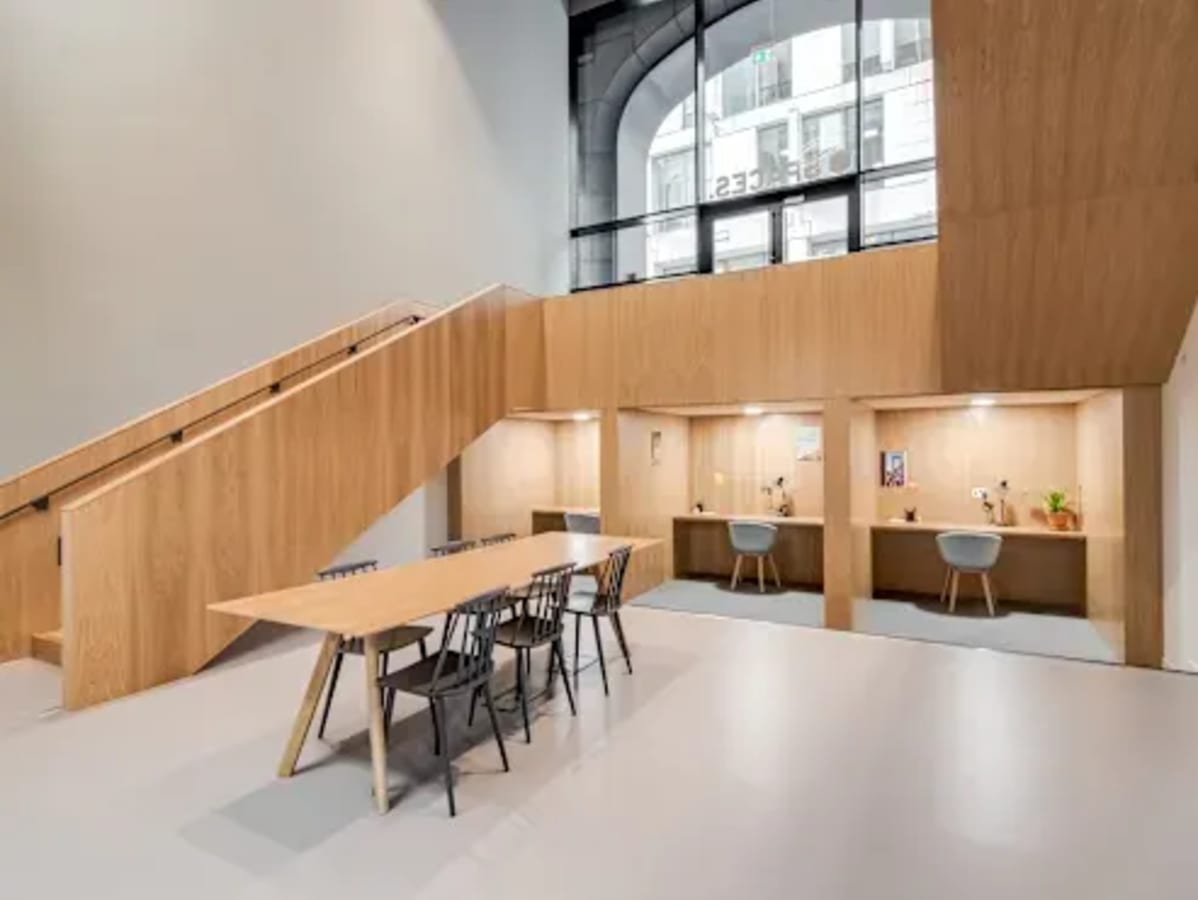 Modern coworking space in Olongapo with sleek wooden finishes and ample natural light.