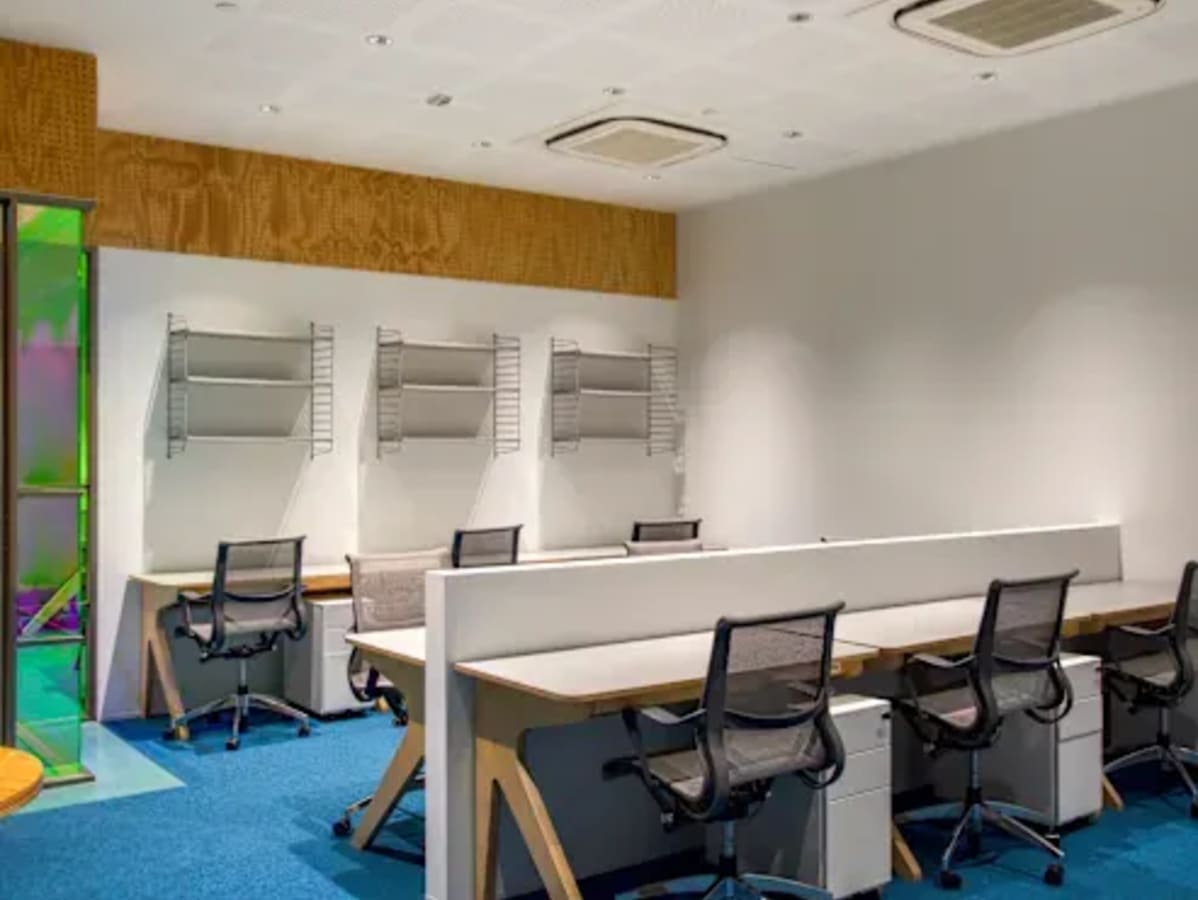 Modern coworking space in Hyderabad with ergonomic chairs, ample lighting, and stylish finishes.