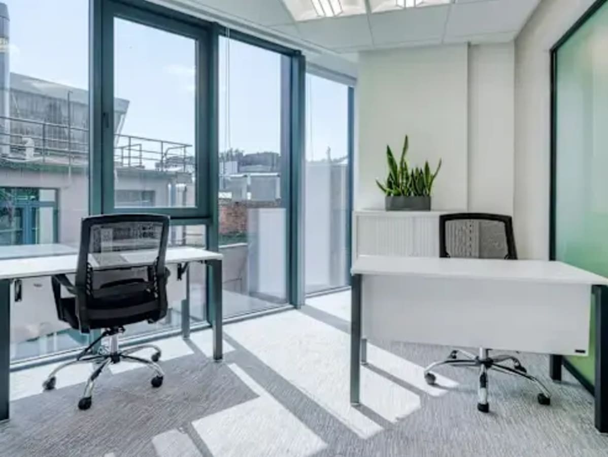 Bright workspace with modern desks and ergonomic chairs. Natural light enhances productivity.
