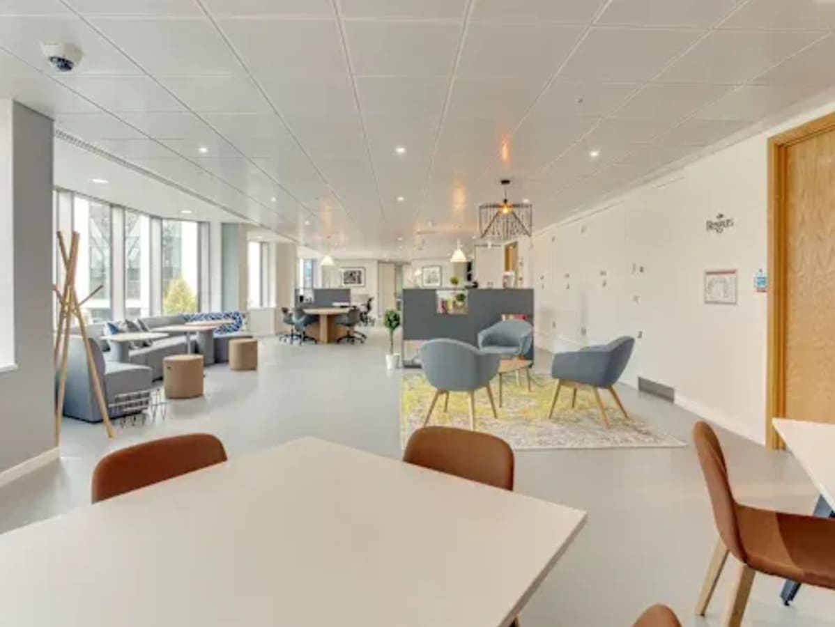 Modern coworking space in Easton featuring open seating, natural light, and stylish decor.