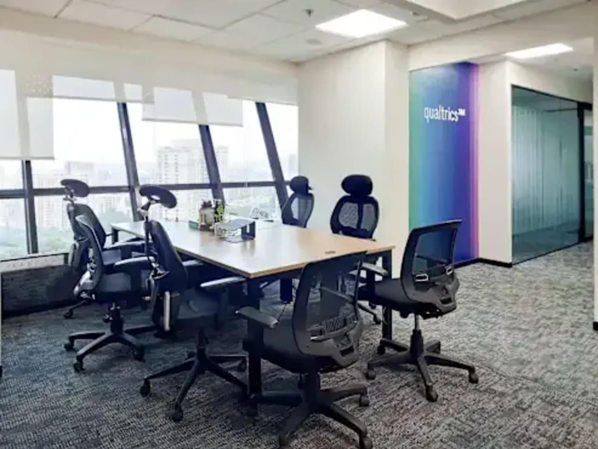Modern coworking space in Powai with ergonomic seating and panoramic city views.