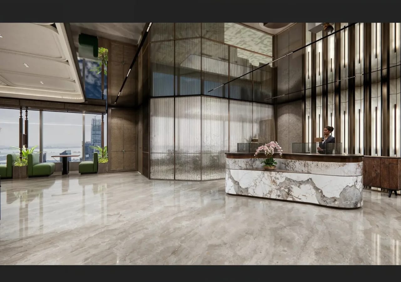 Modern coworking space with elegant reception, sleek design, and city views.