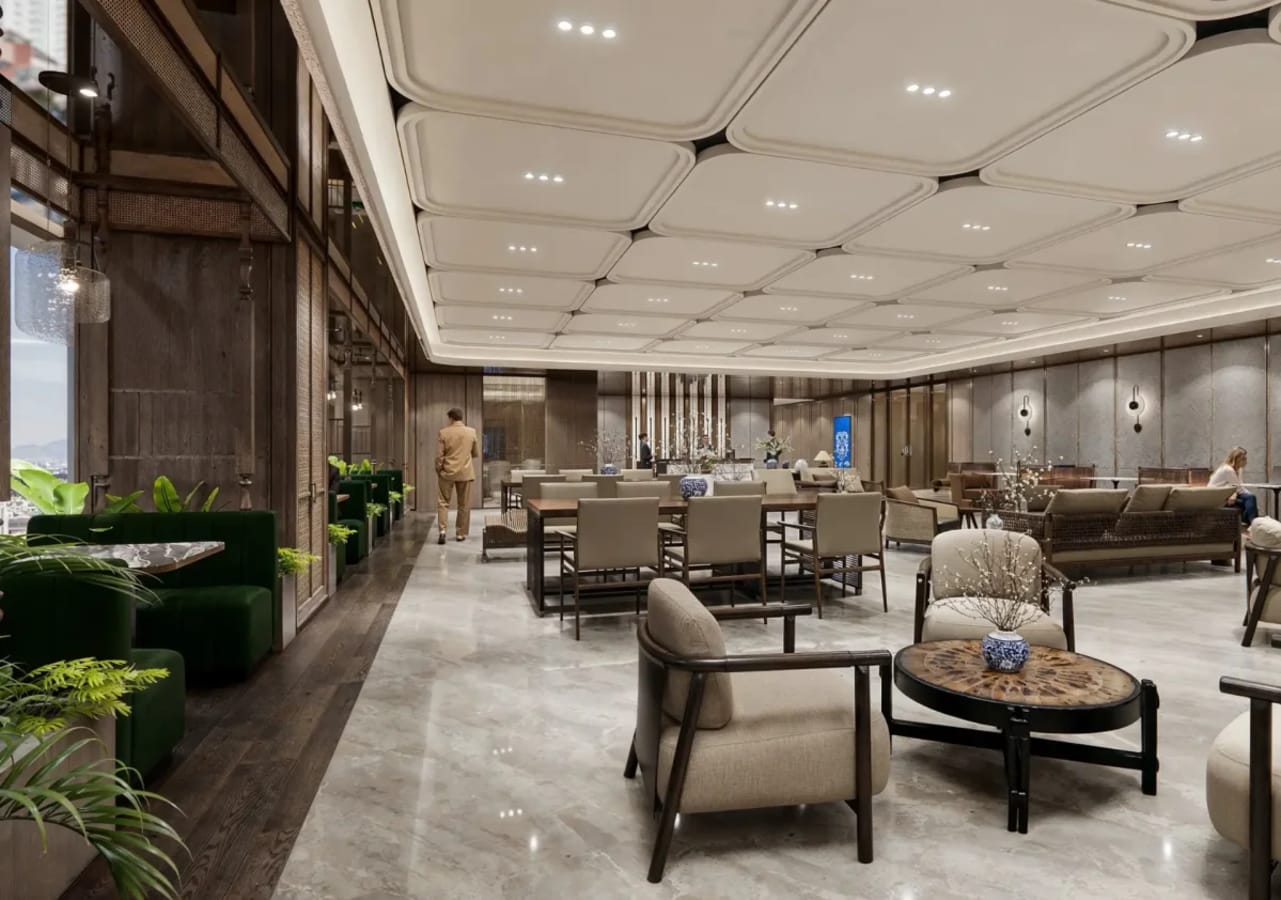 Elegant coworking space with modern seating, ample lighting, and lush greenery. Ideal for networking.
