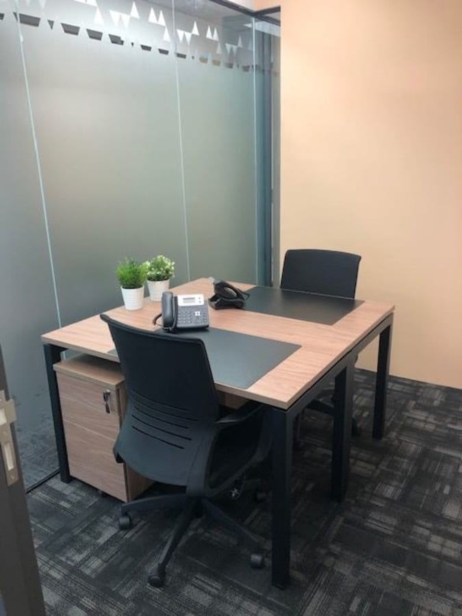 Modern coworking space with sleek desk, ergonomic chairs, and frosted glass for privacy.