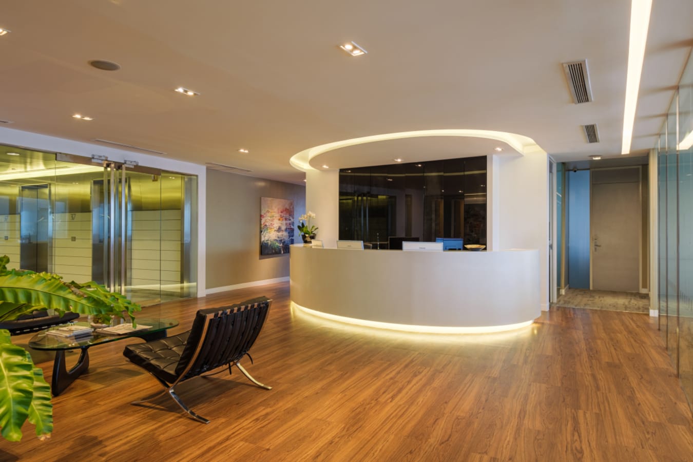 Sleek reception area with modern decor in a flexible coworking space on Ayala Avenue.