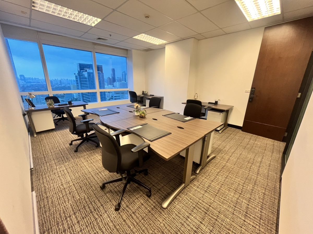 Bright coworking space with city views, ergonomic chairs, and modern desks. Ideal for teams.