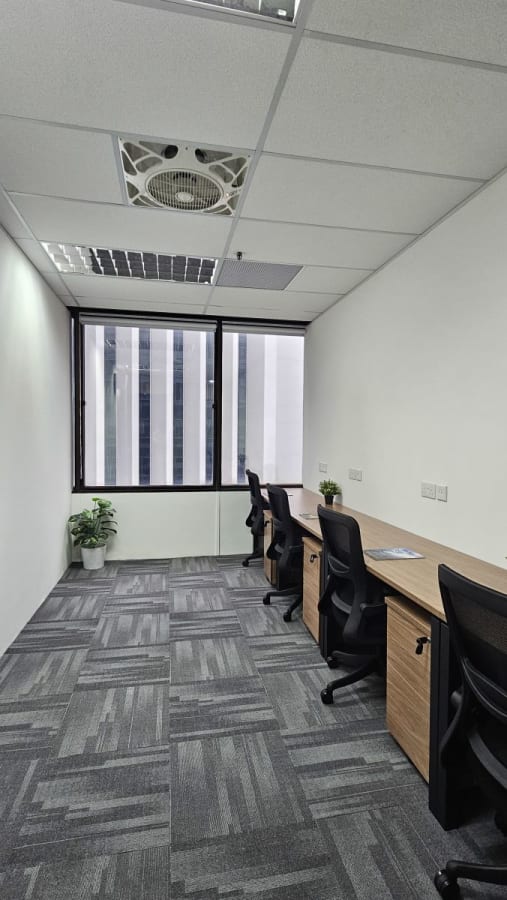 Modern coworking space with natural light, ergonomic chairs, and window views on Cecil Street.
