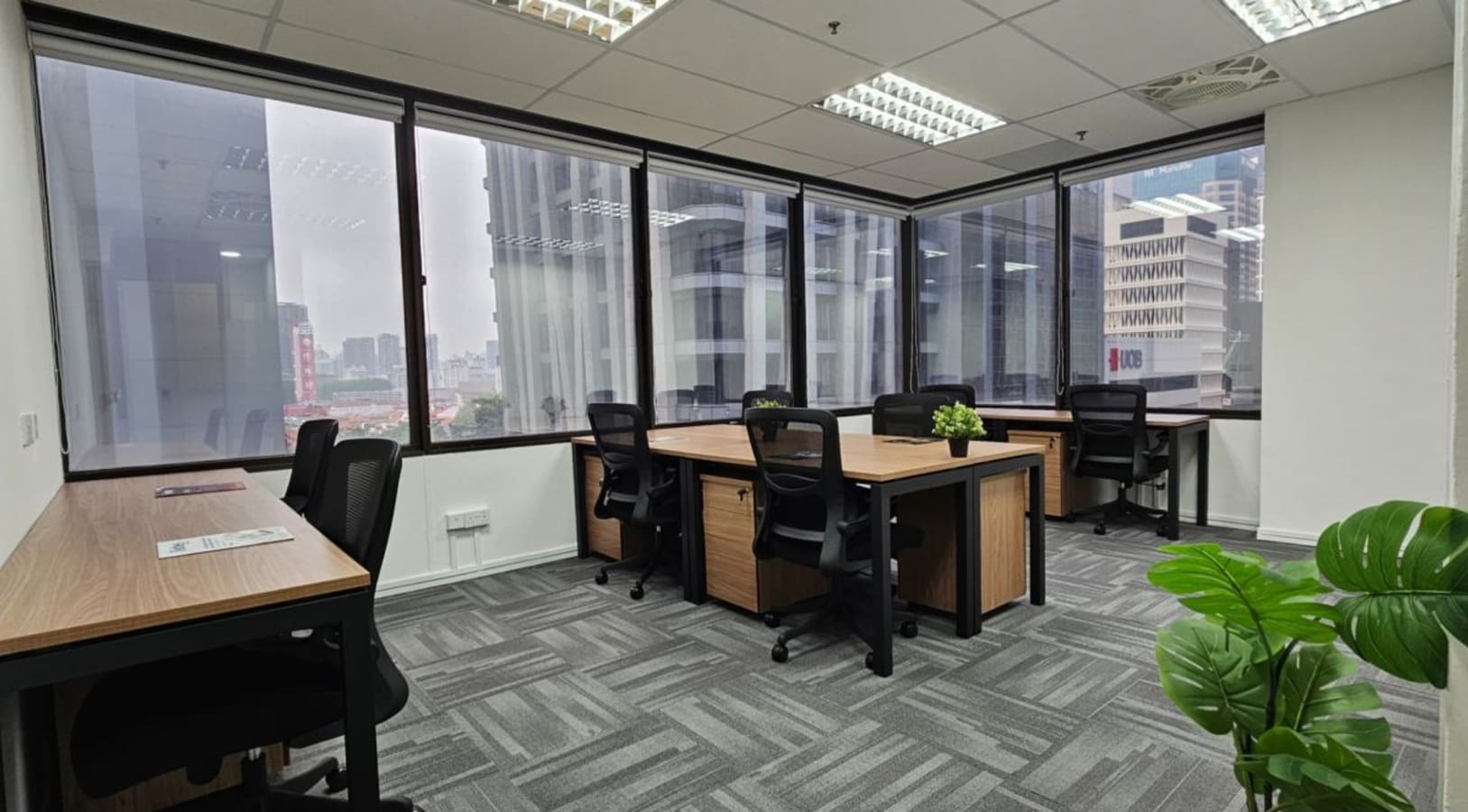 Bright coworking space with modern desks, ergonomic chairs, and city views in Cecil Street.